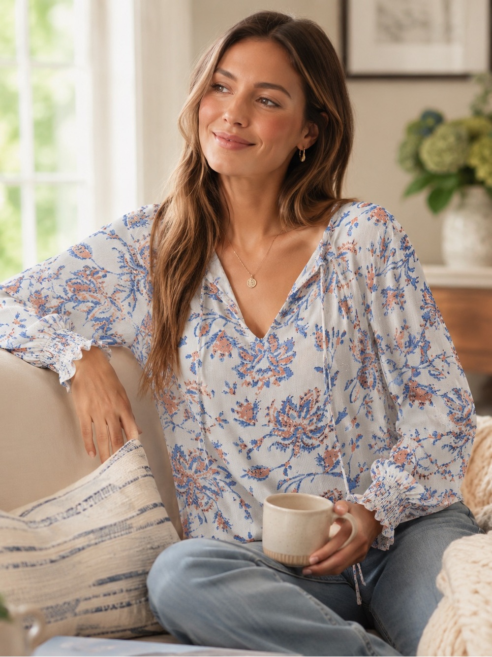 Lucky Brand NWT Blue Peach Floral V-Neck Peasant Blouse Smocked Cuff Viscose S/P